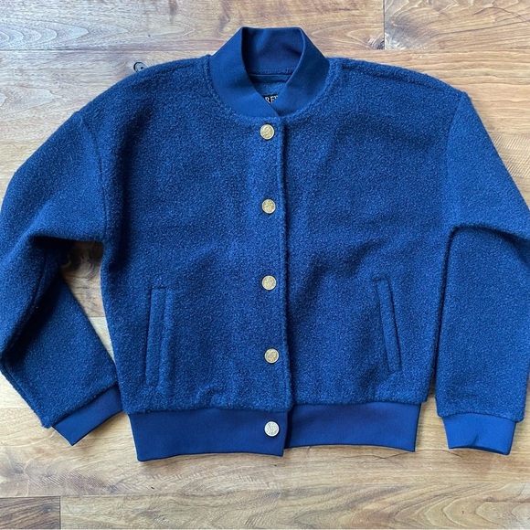 J. Crew Boucle Teddy Fleece Bomber Jacket in Navy Blue Gold Buttons size XS - Picture 7 of 16